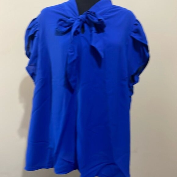 NEW! Blue SHEIN flutter sleeve keyhole with tie blouse.  Size 3XL - Picture 1 of 3